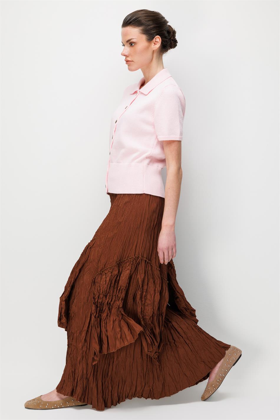 Poly/Cupra Komple Kraş Pilise Detaylı  Beli Lastikli Zamansız Etek-Kahve