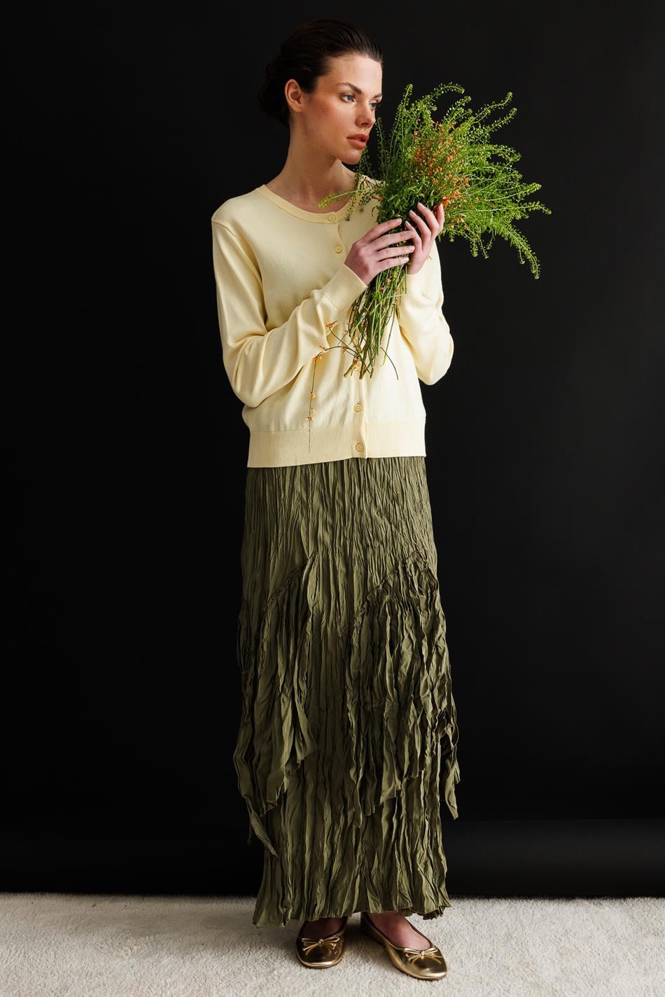 Poly/Cupra Komple Kraş Pilise Detaylı  Beli Lastikli Zamansız Etek-Haki