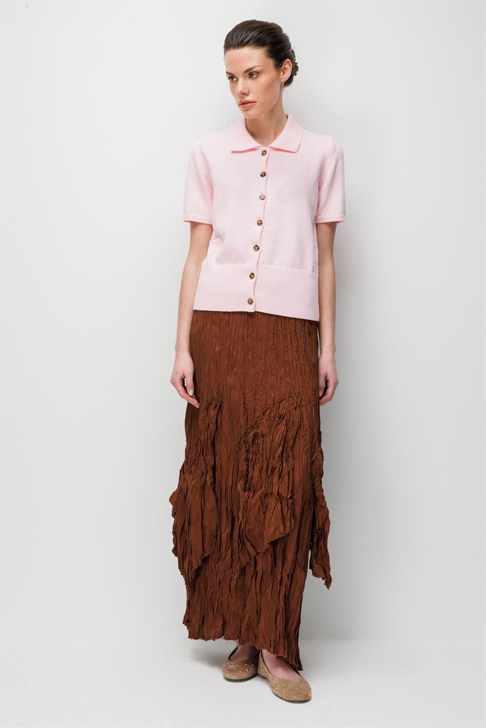 Poly/Cupra Komple Kraş Pilise Detaylı  Beli Lastikli Zamansız Etek-Kahve