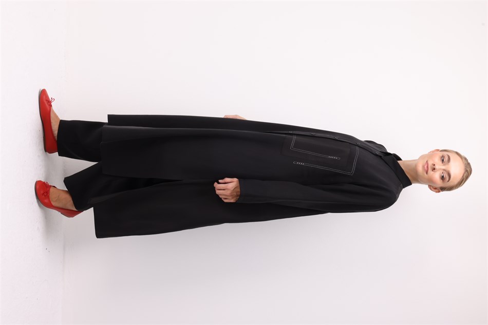 Premium Akıcı Kumaştan Kontrast Dikişli Midi Takım-Siyah
