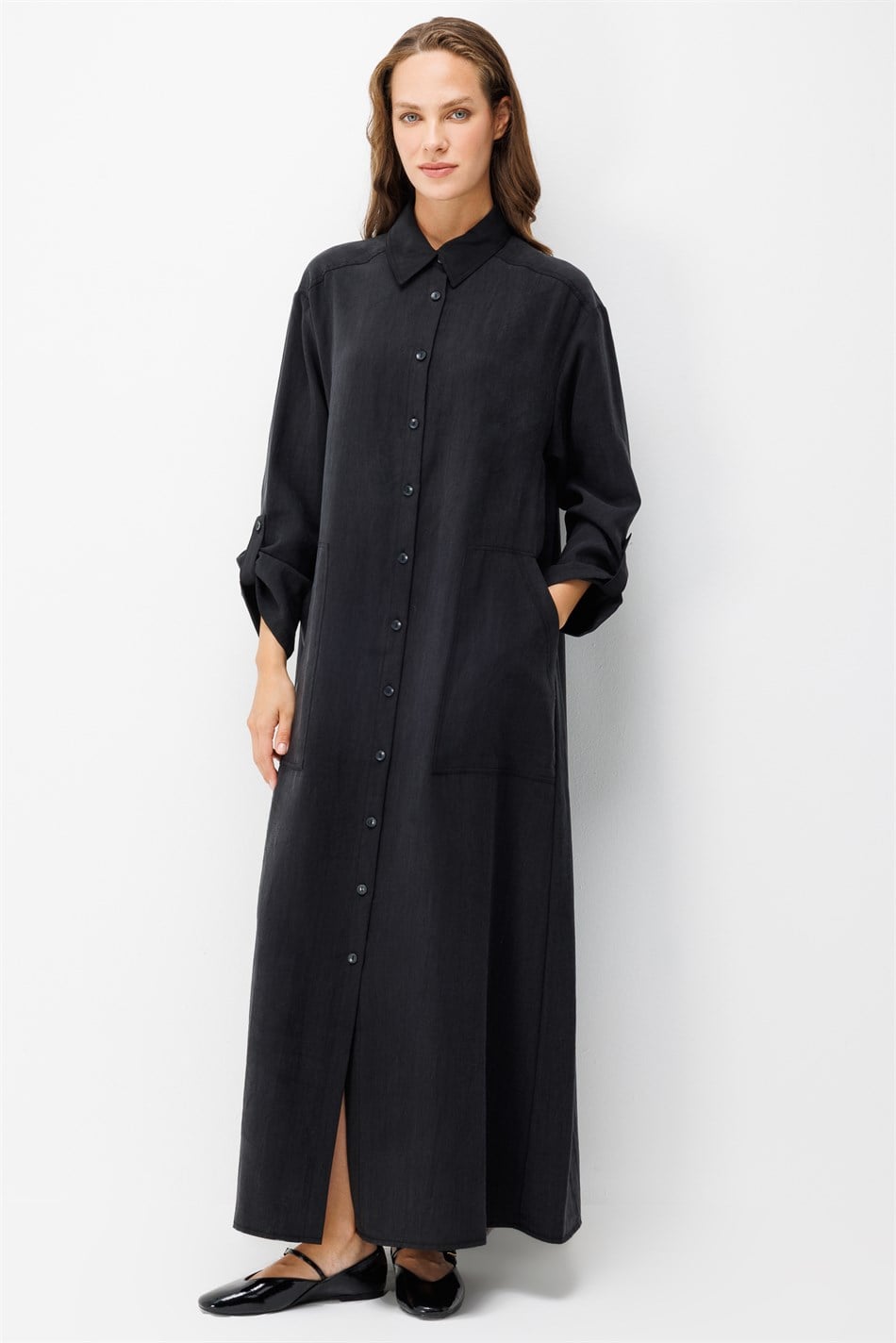 Premium Doğal Akıcı Kumaş Bsc Maxi Tunik Elbise-Siyah