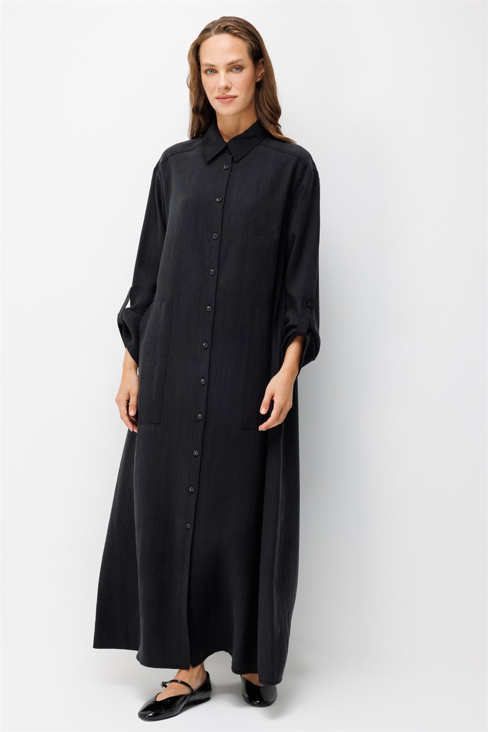 Premium Doğal Akıcı Kumaş Bsc Maxi Tunik Elbise-Siyah