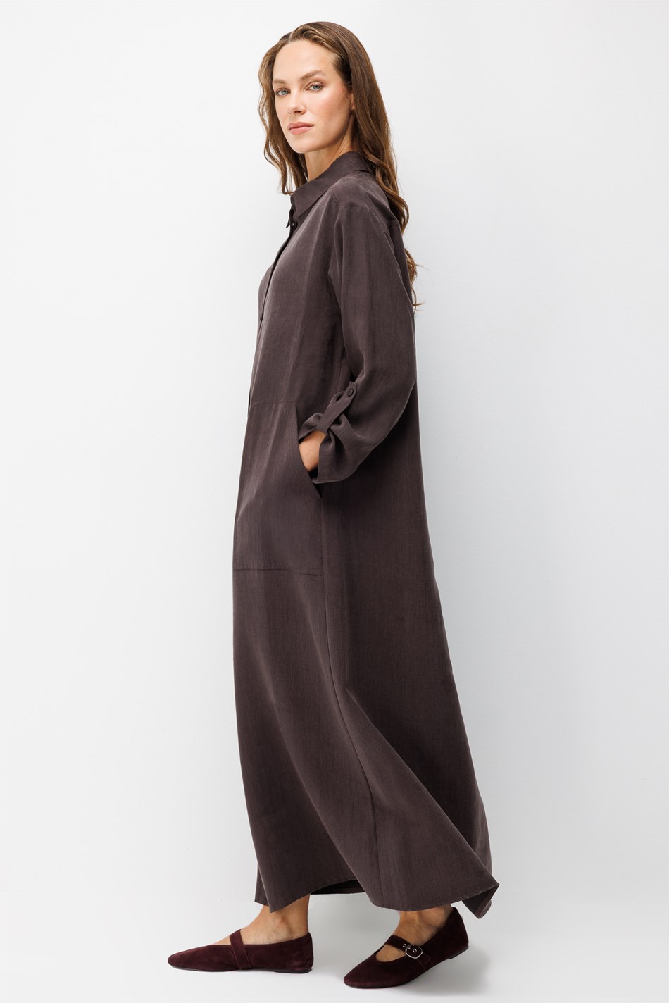 Premium Doğal Akıcı Kumaş Bsc Maxi Tunik Elbise-Kahve