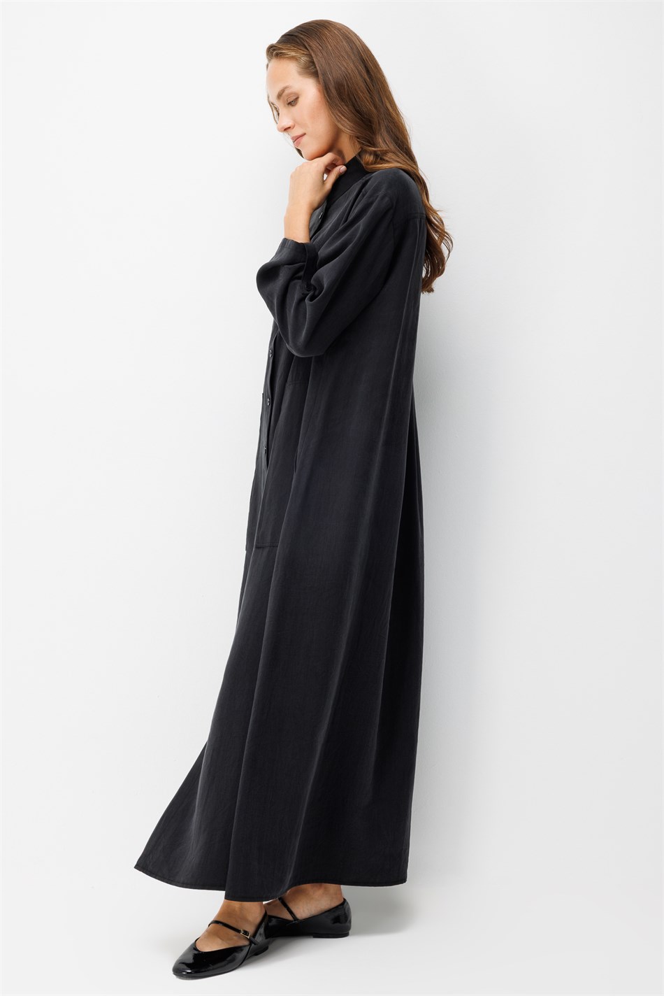 Premium Doğal Akıcı Kumaş Bsc Maxi Tunik Elbise-Siyah