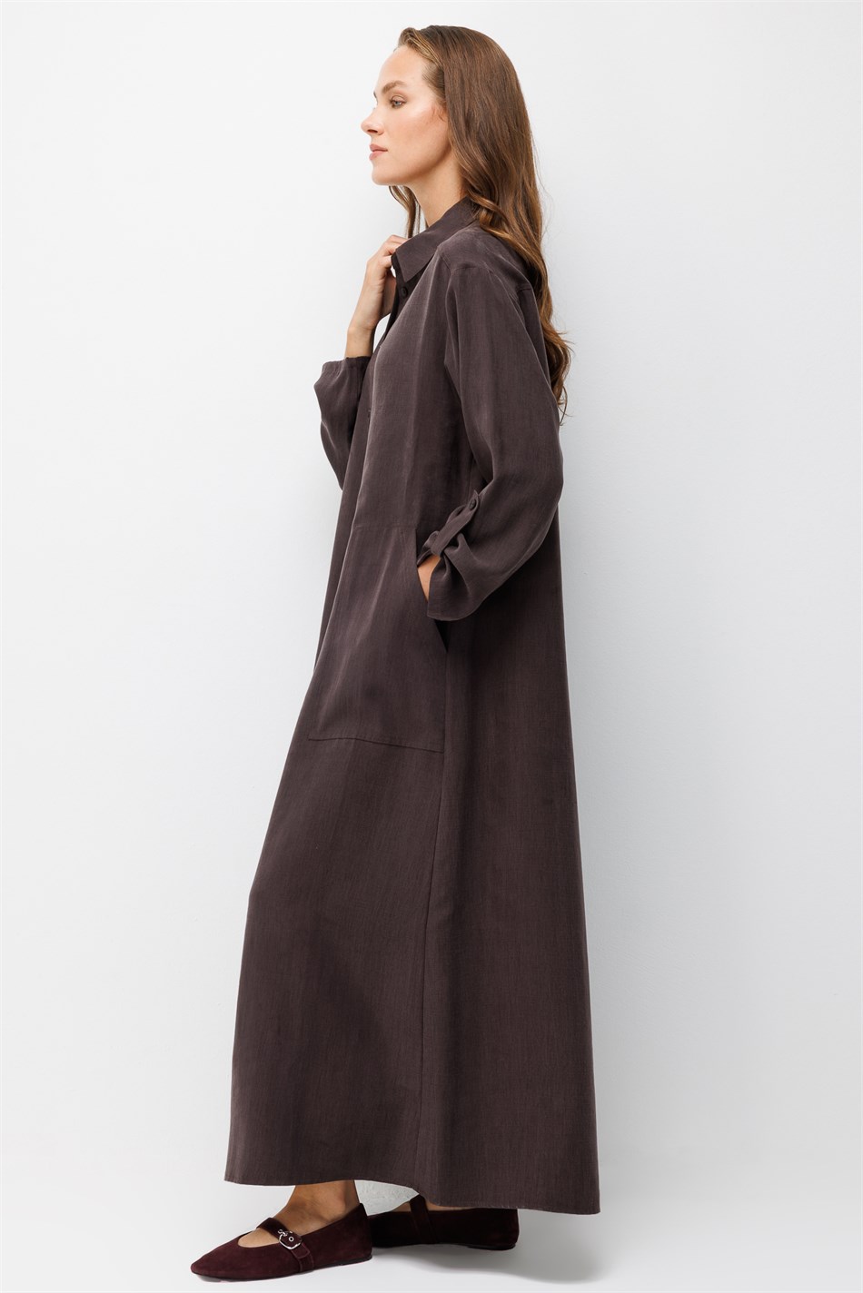 Premium Doğal Akıcı Kumaş Bsc Maxi Tunik Elbise-Kahve