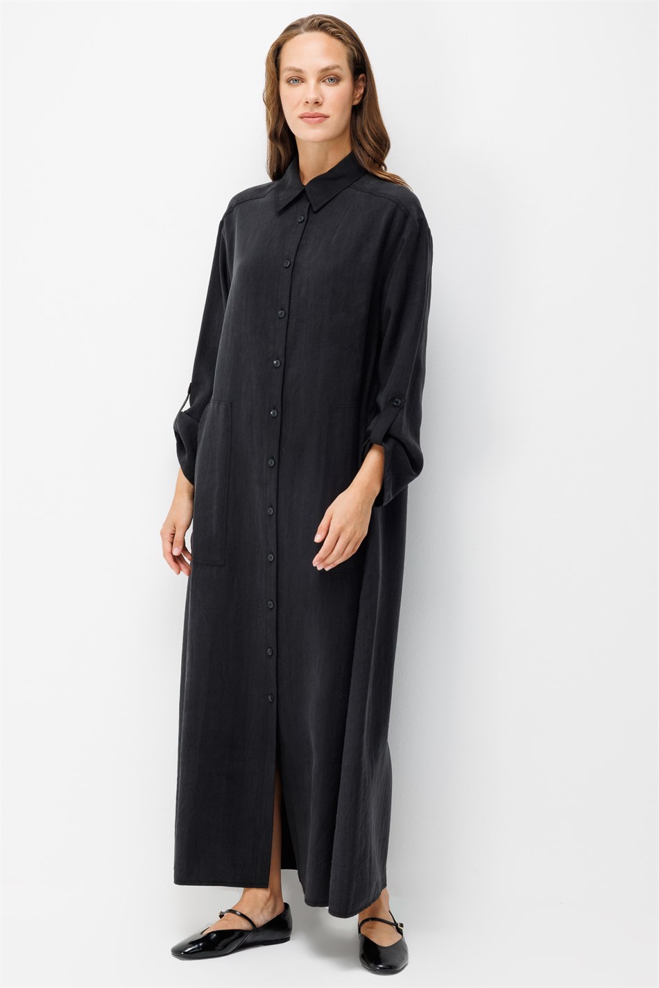 Premium Doğal Akıcı Kumaş Bsc Maxi Tunik Elbise-Siyah