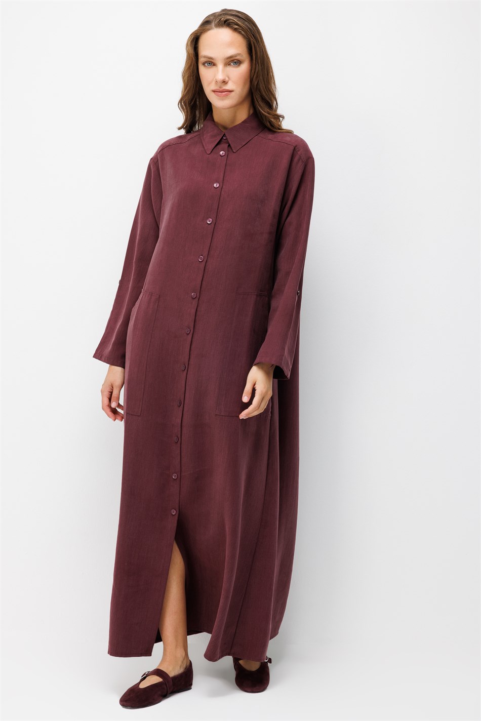 Premium Doğal Akıcı Kumaş Bsc Maxi Tunik Elbise-Bordo