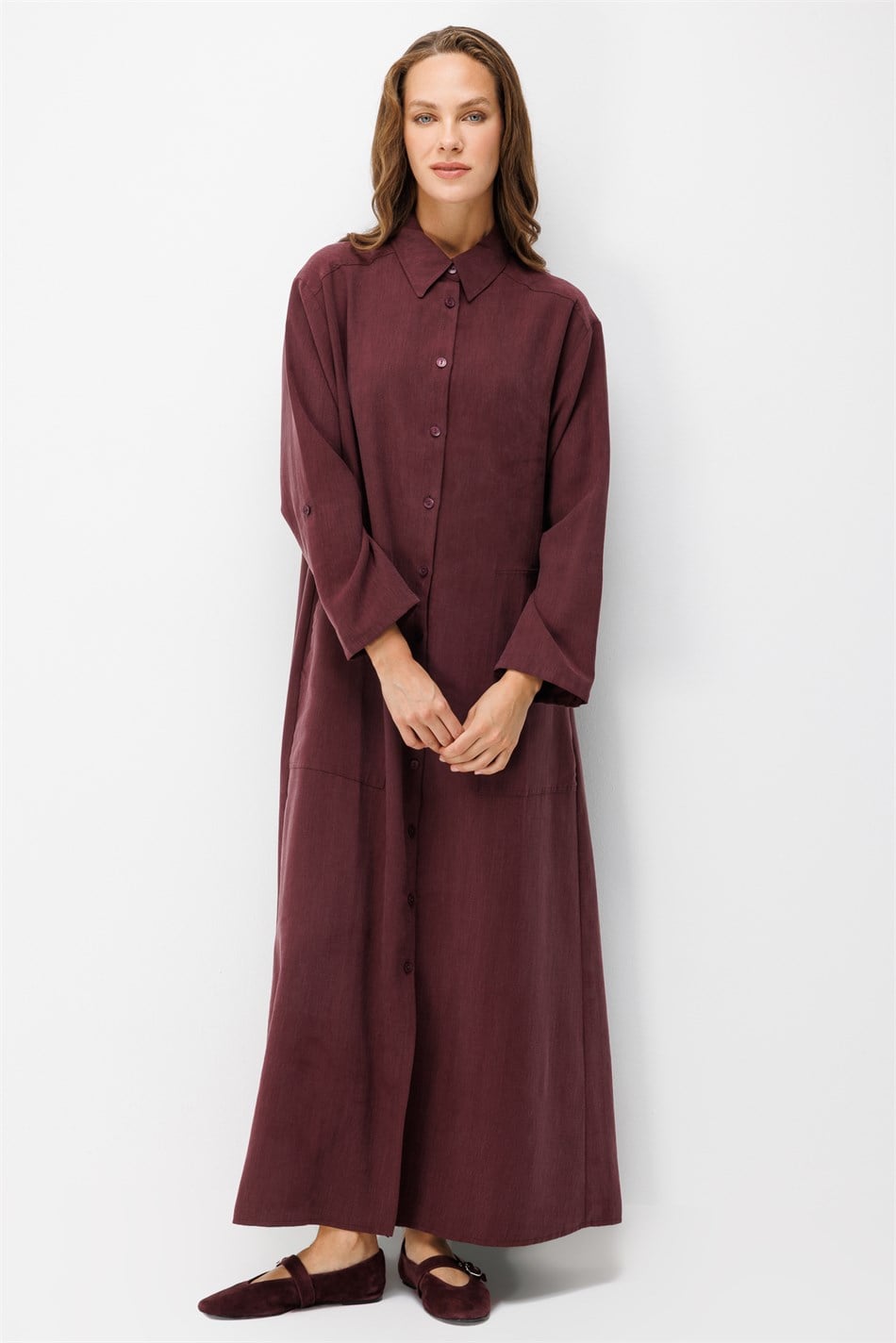 Premium Doğal Akıcı Kumaş Bsc Maxi Tunik Elbise-Bordo