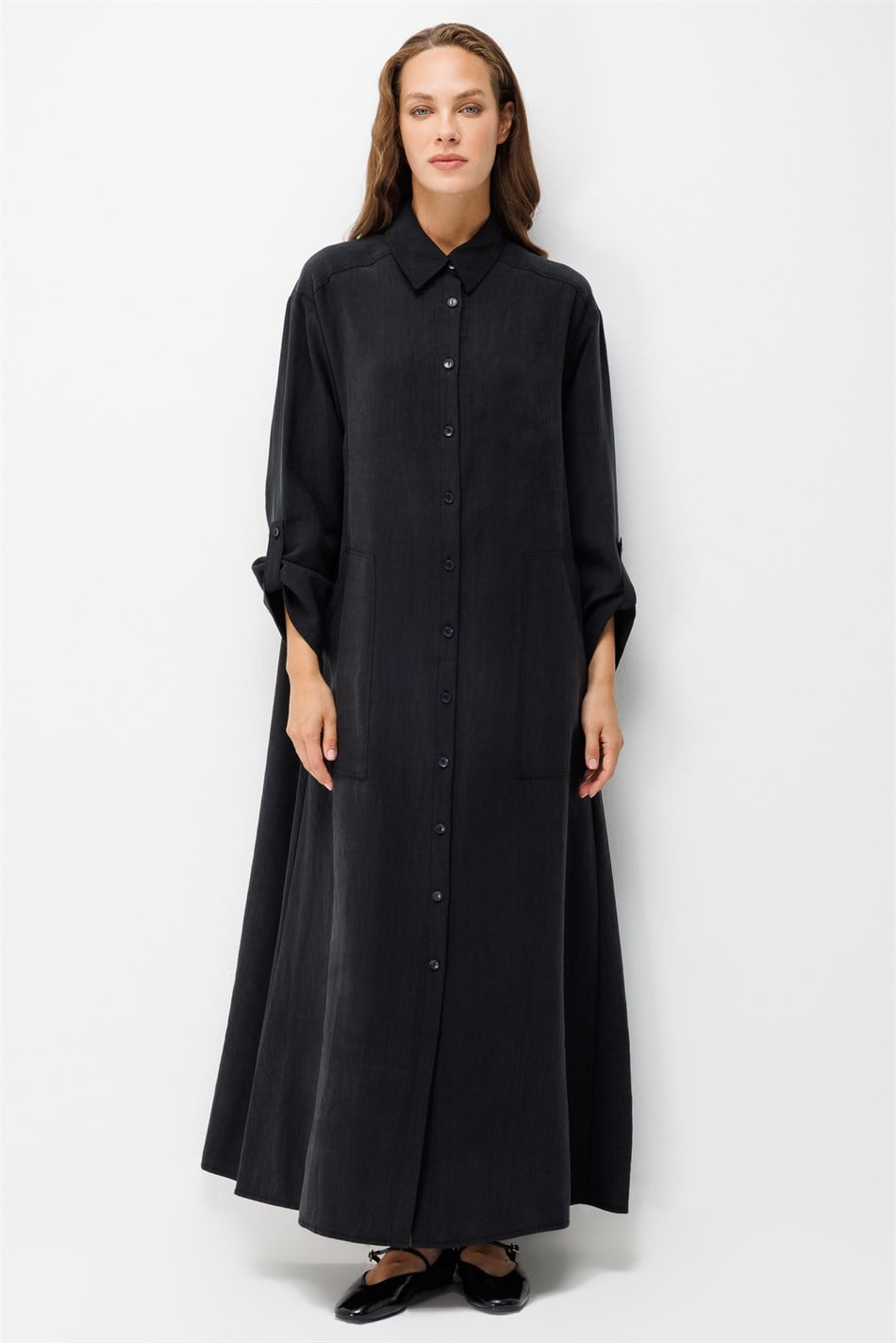 Premium Doğal Akıcı Kumaş Bsc Maxi Tunik Elbise-Siyah