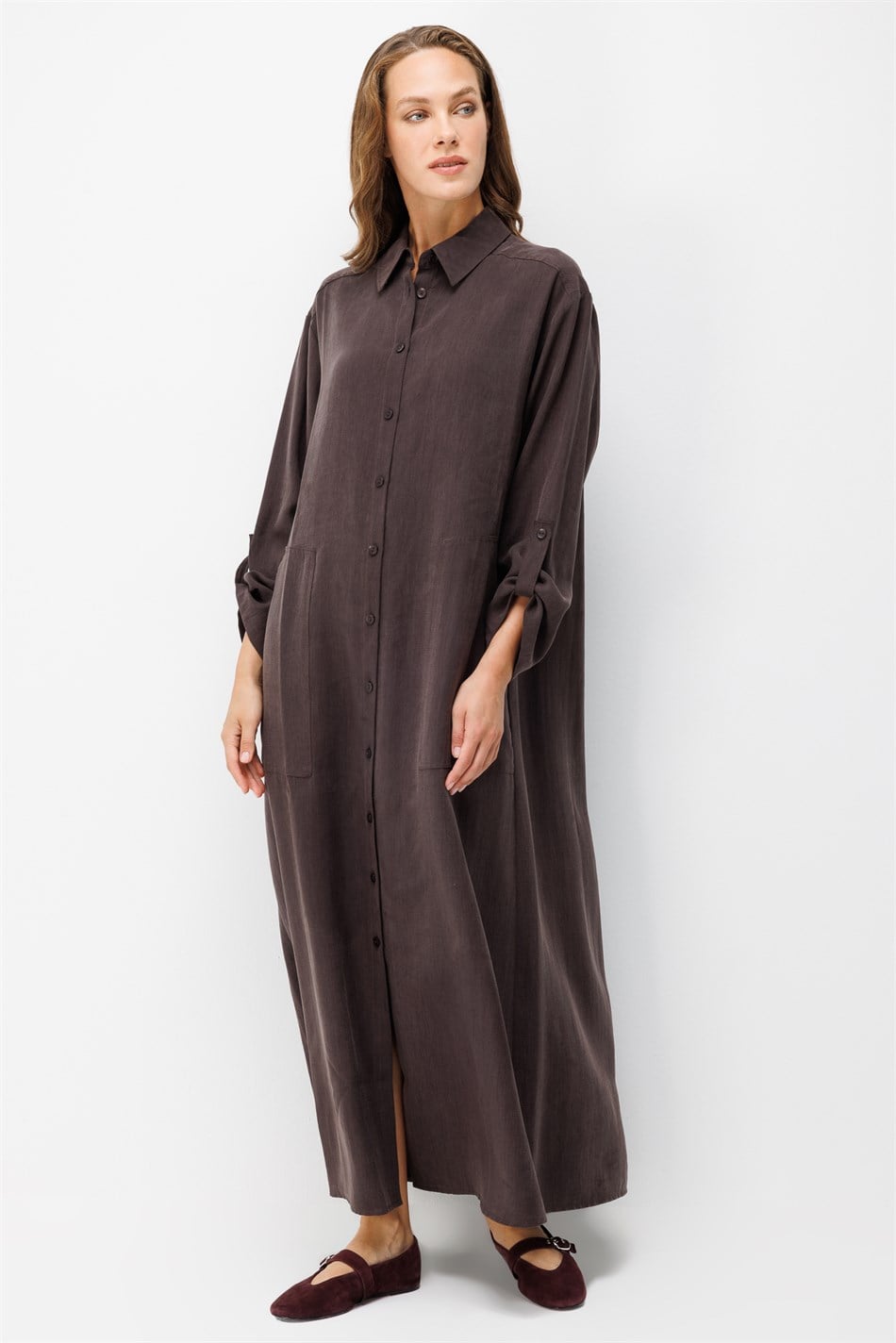 Premium Doğal Akıcı Kumaş Bsc Maxi Tunik Elbise-Kahve