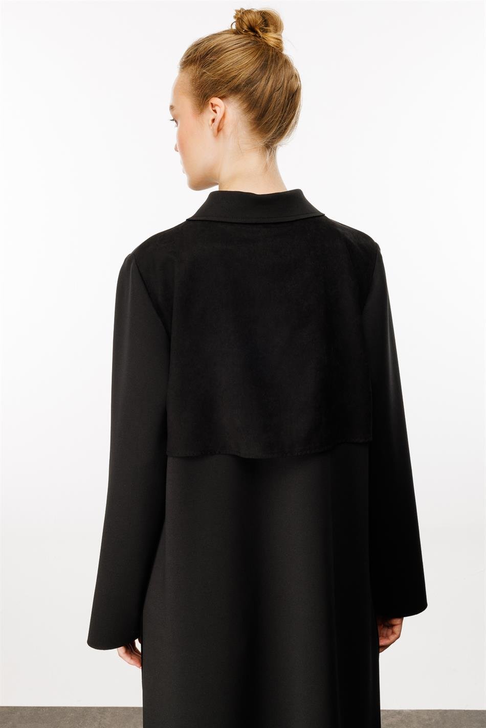 Printemps Süet Doku Pelerin Detaylı Dalgıç Kumaş Baharlık KapTrench-Siyah