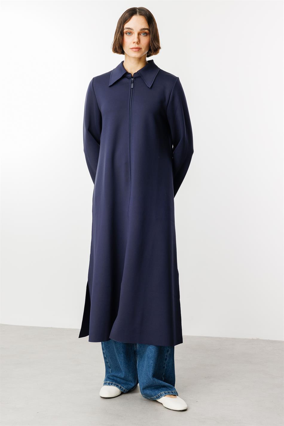 Printemps Suede Texture Cape Detail Scuba Parça Yay Trench Palto - Tünd Göy