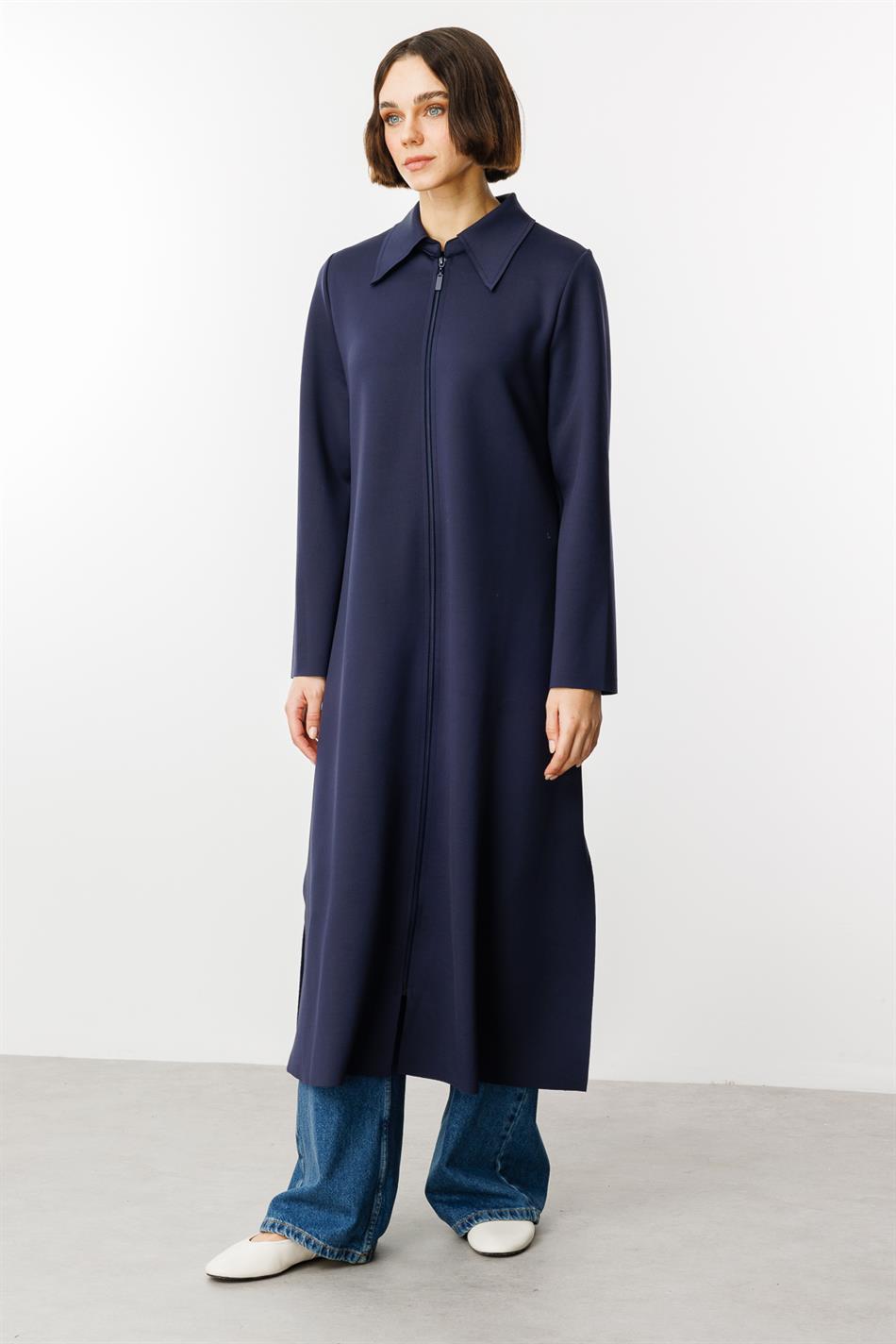 Printemps Suede Texture Cape Detail Scuba Parça Yay Trench Palto - Tünd Göy