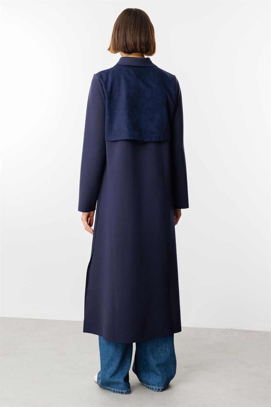 Printemps Suede Texture Cape Detail Scuba Parça Yay Trench Palto - Tünd Göy