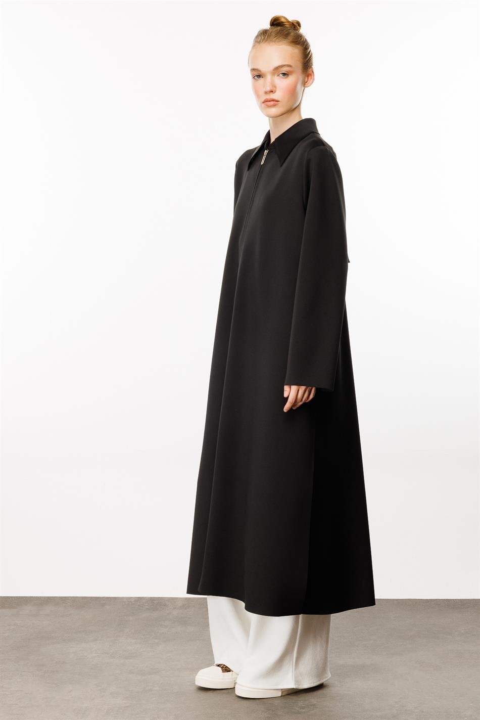 Printemps Süet Doku Pelerin Detaylı Dalgıç Kumaş Baharlık KapTrench-Siyah