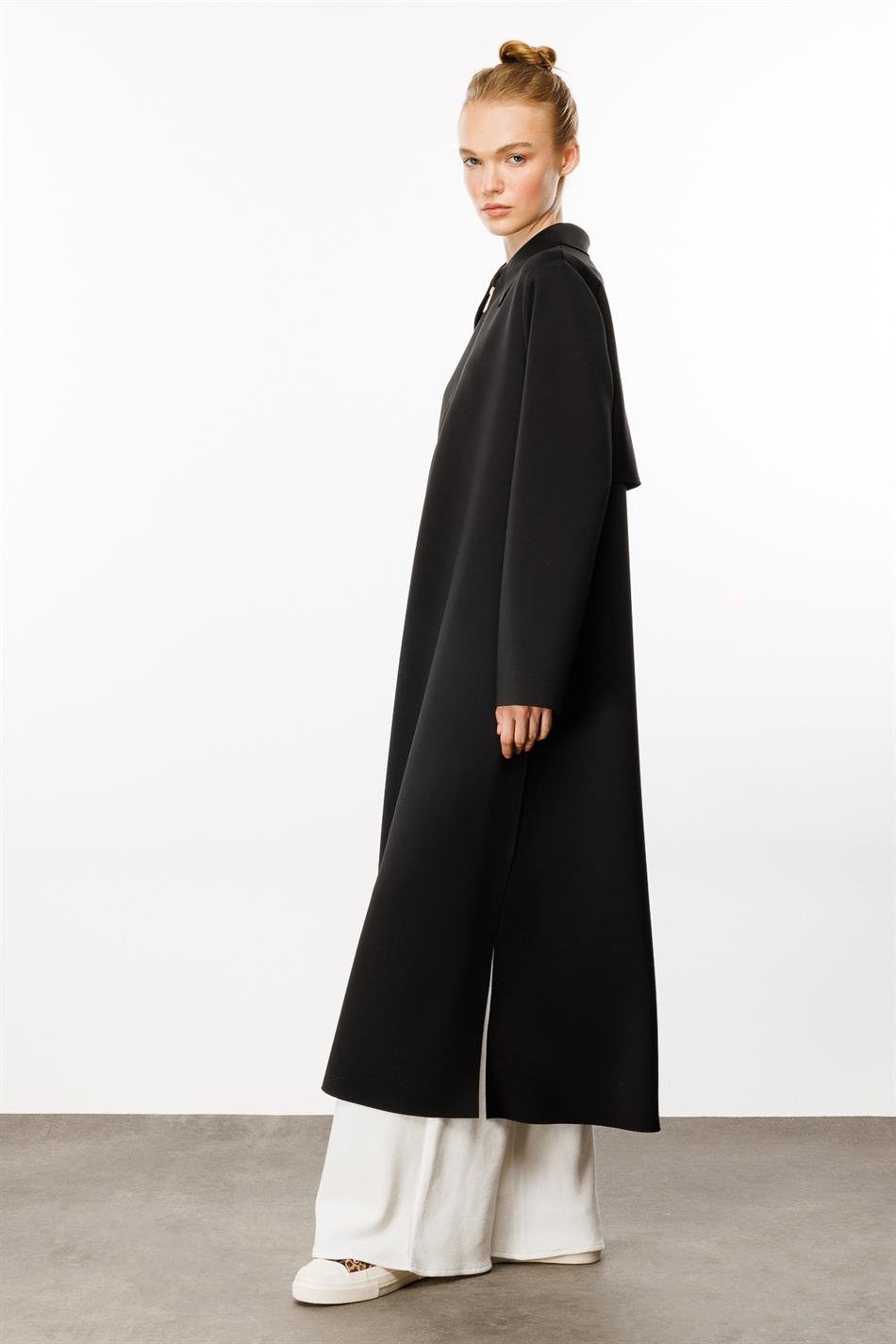 Printemps Süet Doku Pelerin Detaylı Dalgıç Kumaş Baharlık KapTrench-Siyah