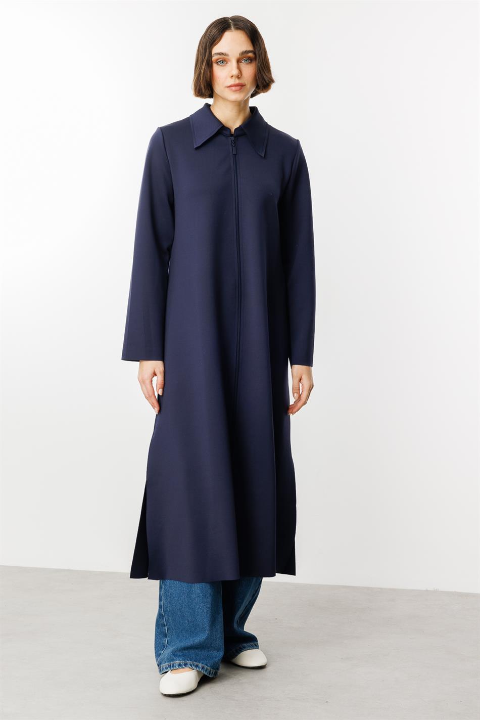 Printemps Suede Texture Cape Detail Scuba Parça Yay Trench Palto - Tünd Göy