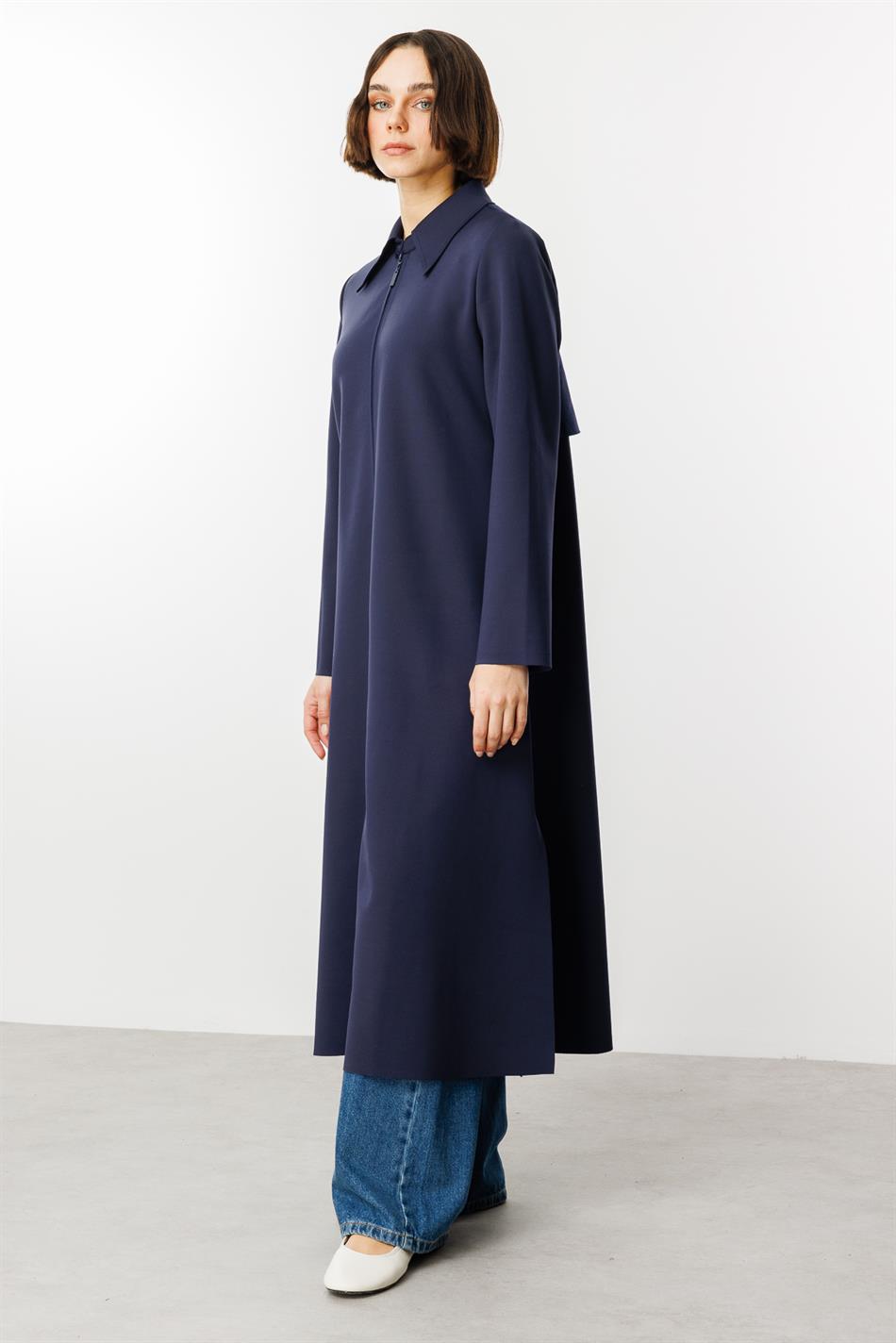 Printemps Suede Texture Cape Detail Scuba Parça Yay Trench Palto - Tünd Göy