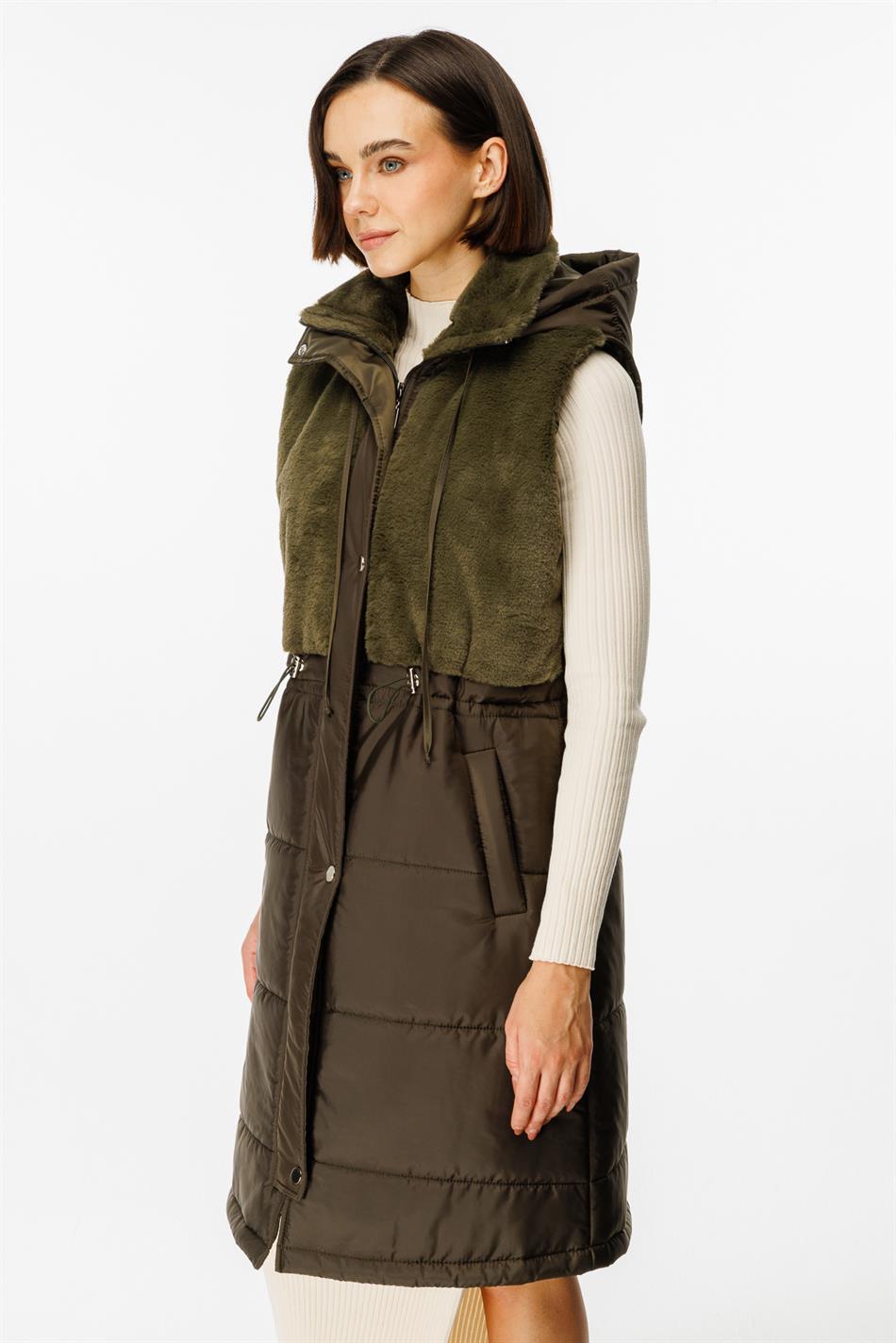 Şişkin Yorğanlı Yumşaq Peluş Bəzək Jilet - Xaki