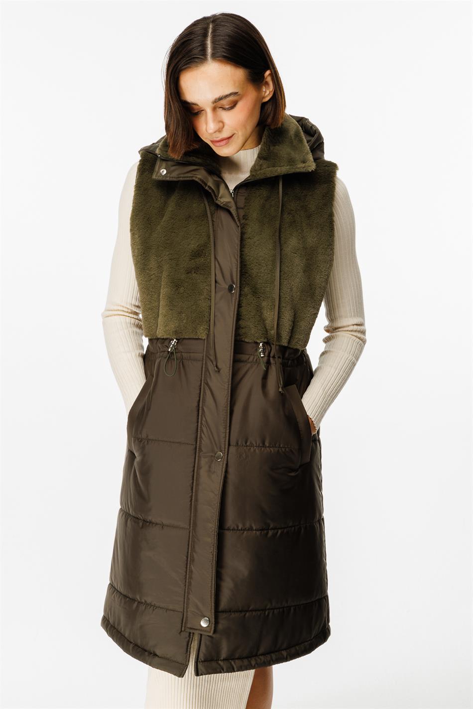 Şişkin Yorğanlı Yumşaq Peluş Bəzək Jilet - Xaki