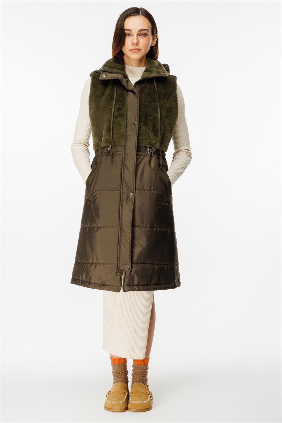 Şişkin Yorğanlı Yumşaq Peluş Bəzək Jilet - Xaki