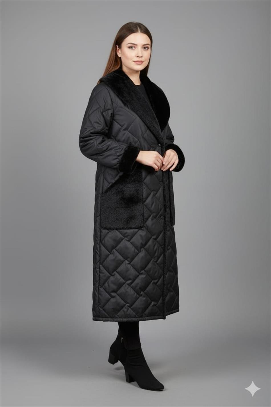 Puff Yaka ve Cep Suni Kürk Detaylı Özel İşleme Soft Dolgu Astarlı Manto Kaban-Siyah