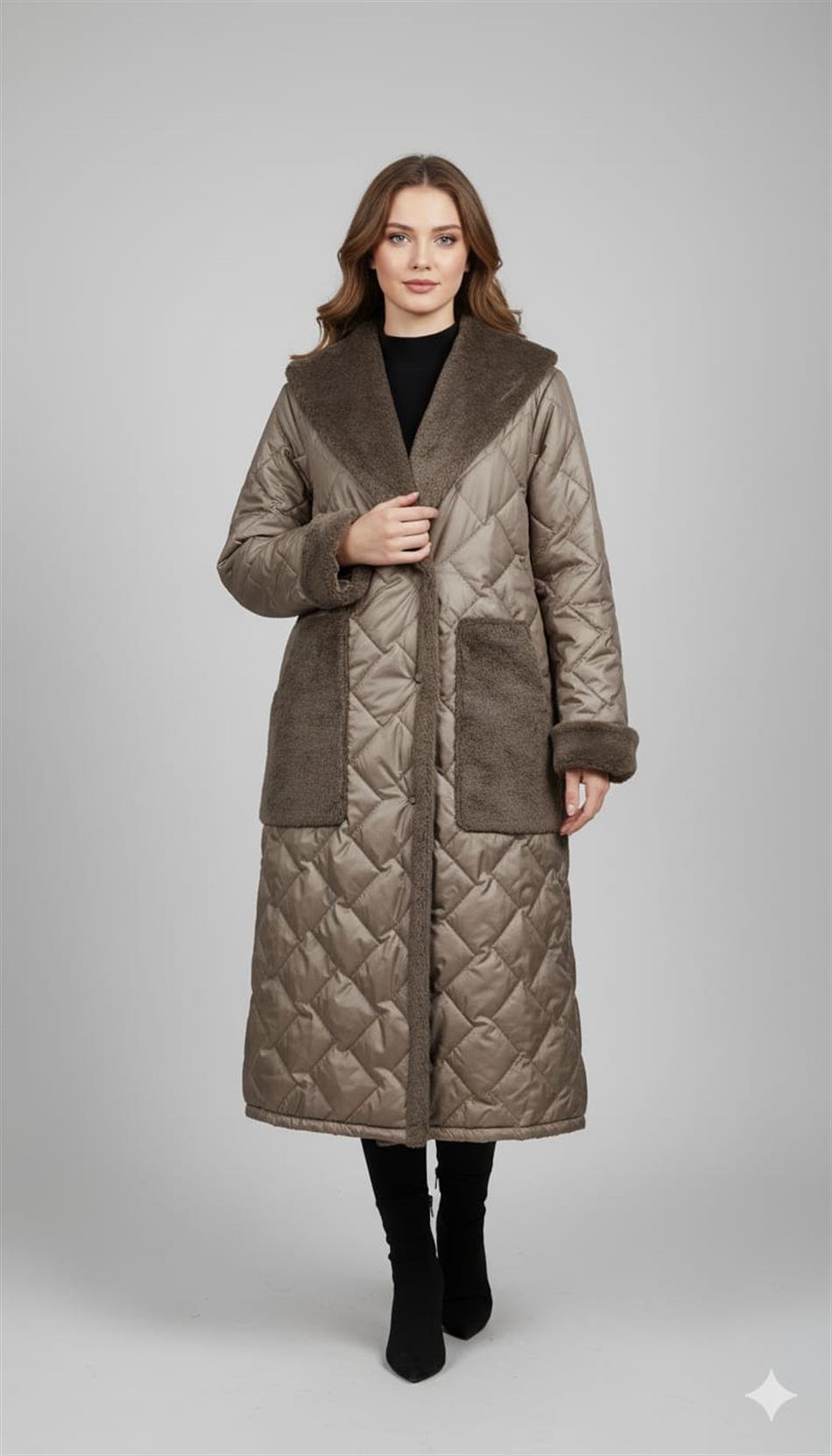 Puff Yaka ve Cep Suni Kürk Detaylı Özel İşleme Soft Dolgu Astarlı Manto Kaban-Vizon