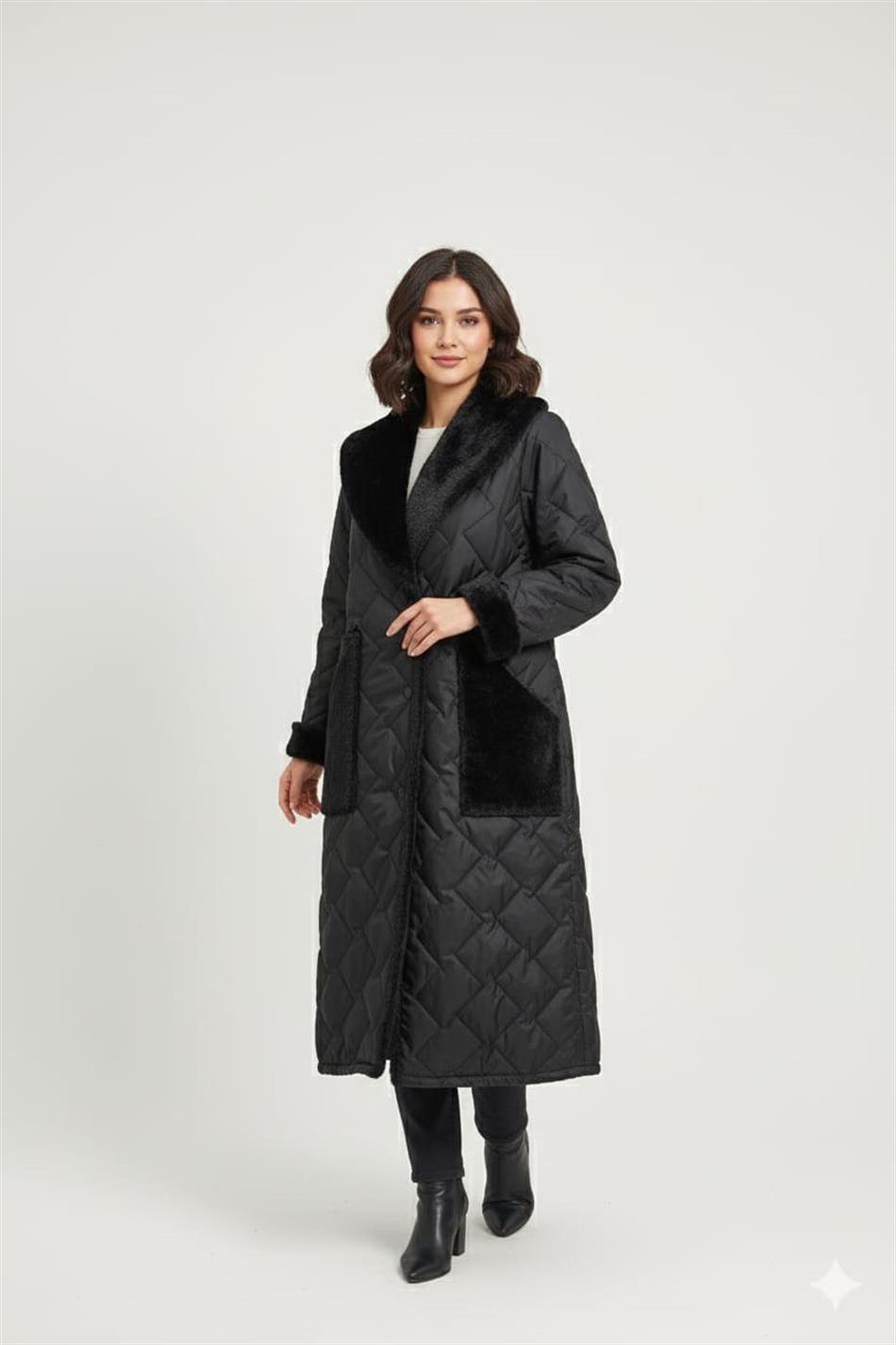 Puff Yaka ve Cep Suni Kürk Detaylı Özel İşleme Soft Dolgu Astarlı Manto Kaban-Siyah