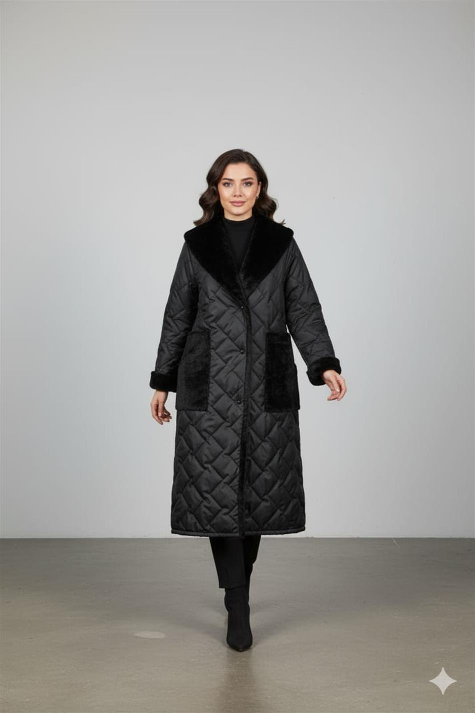 Puff Yaka ve Cep Suni Kürk Detaylı Özel İşleme Soft Dolgu Astarlı Manto Kaban-Siyah