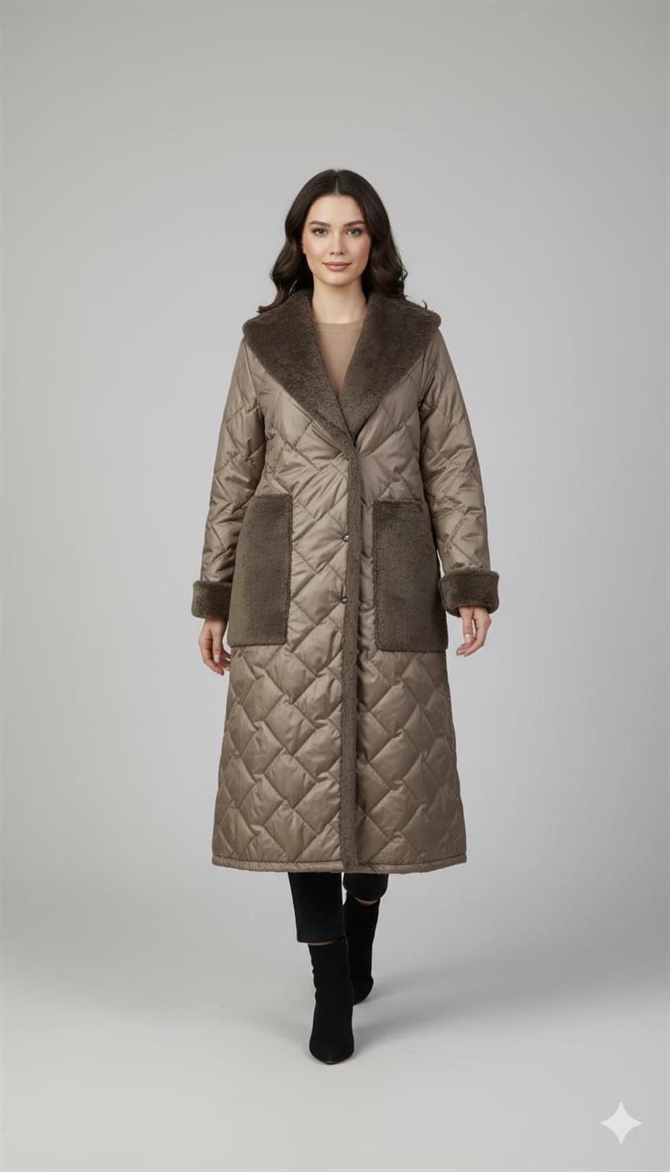 Puff Yaka ve Cep Suni Kürk Detaylı Özel İşleme Soft Dolgu Astarlı Manto Kaban-Vizon