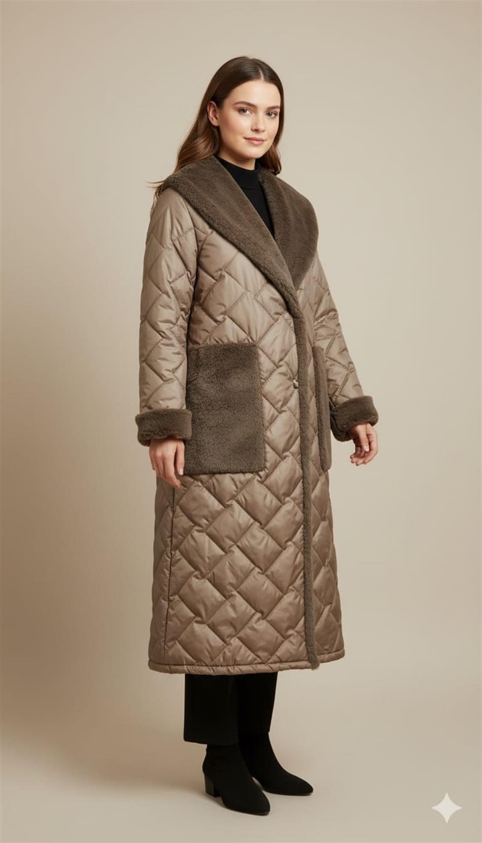 Puff Yaka ve Cep Suni Kürk Detaylı Özel İşleme Soft Dolgu Astarlı Manto Kaban-Vizon