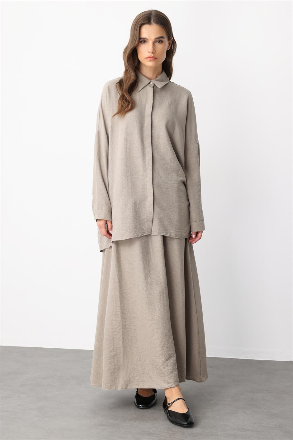 Rahat,Hafif,Sade İpekçe Kumaş Basen Örten Tunik ve Etek Kombin Takım-Taş