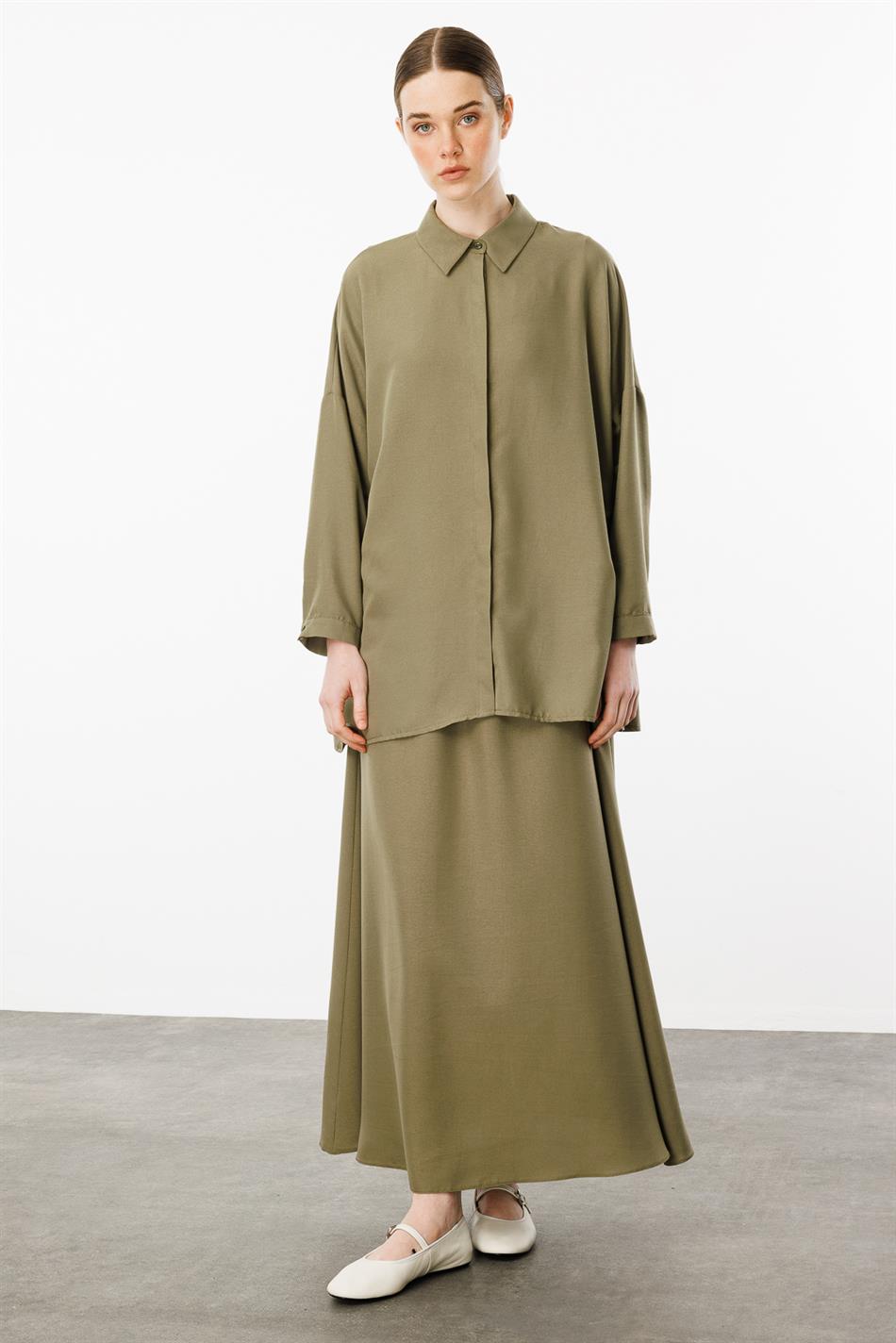 Rahat,Hafif,Sade İpekçe Kumaş Basen Örten Tunik ve Etek Kombin Takım-Haki