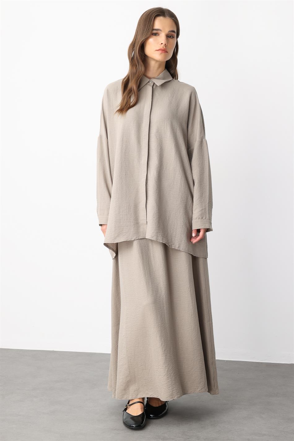 Rahat,Hafif,Sade İpekçe Kumaş Basen Örten Tunik ve Etek Kombin Takım-Taş