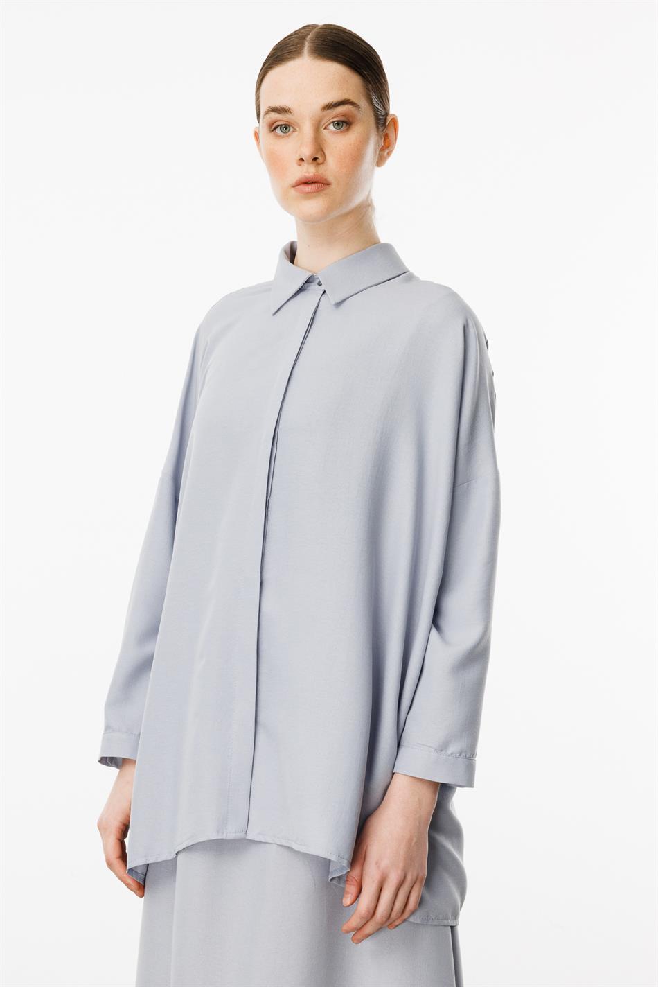 Rahat,Hafif,Sade İpekçe Kumaş Basen Örten Tunik ve Etek Kombin Takım-Gri