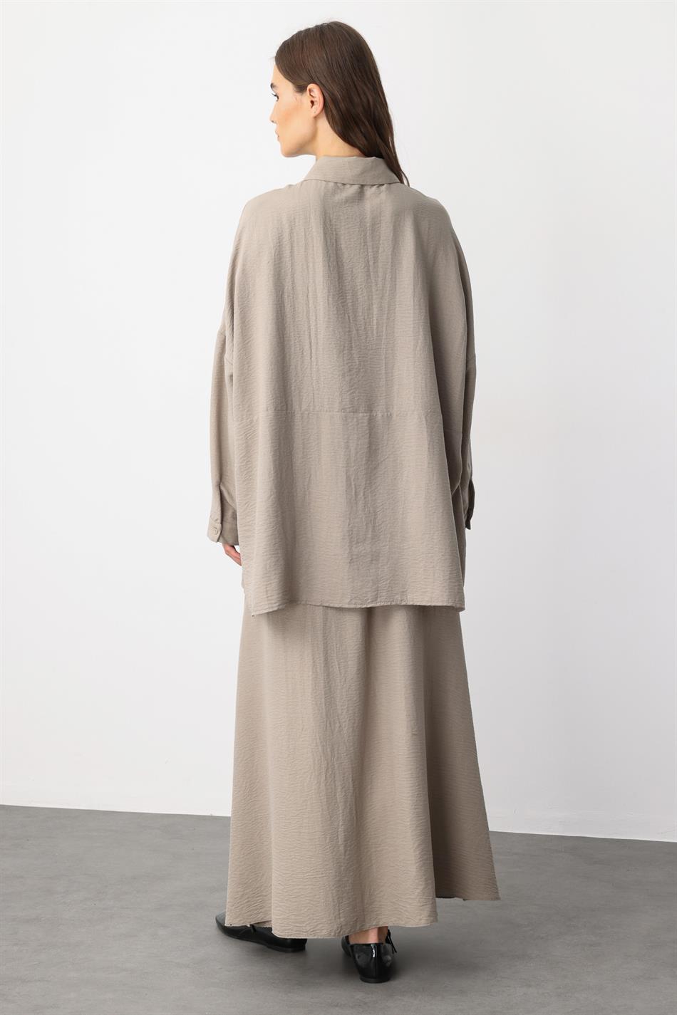 Rahat,Hafif,Sade İpekçe Kumaş Basen Örten Tunik ve Etek Kombin Takım-Taş