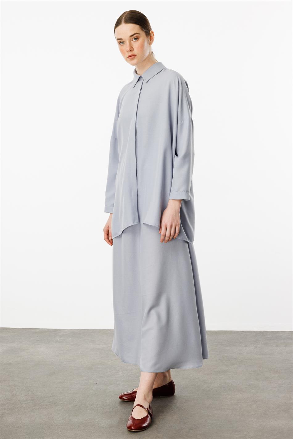 Rahat,Hafif,Sade İpekçe Kumaş Basen Örten Tunik ve Etek Kombin Takım-Gri