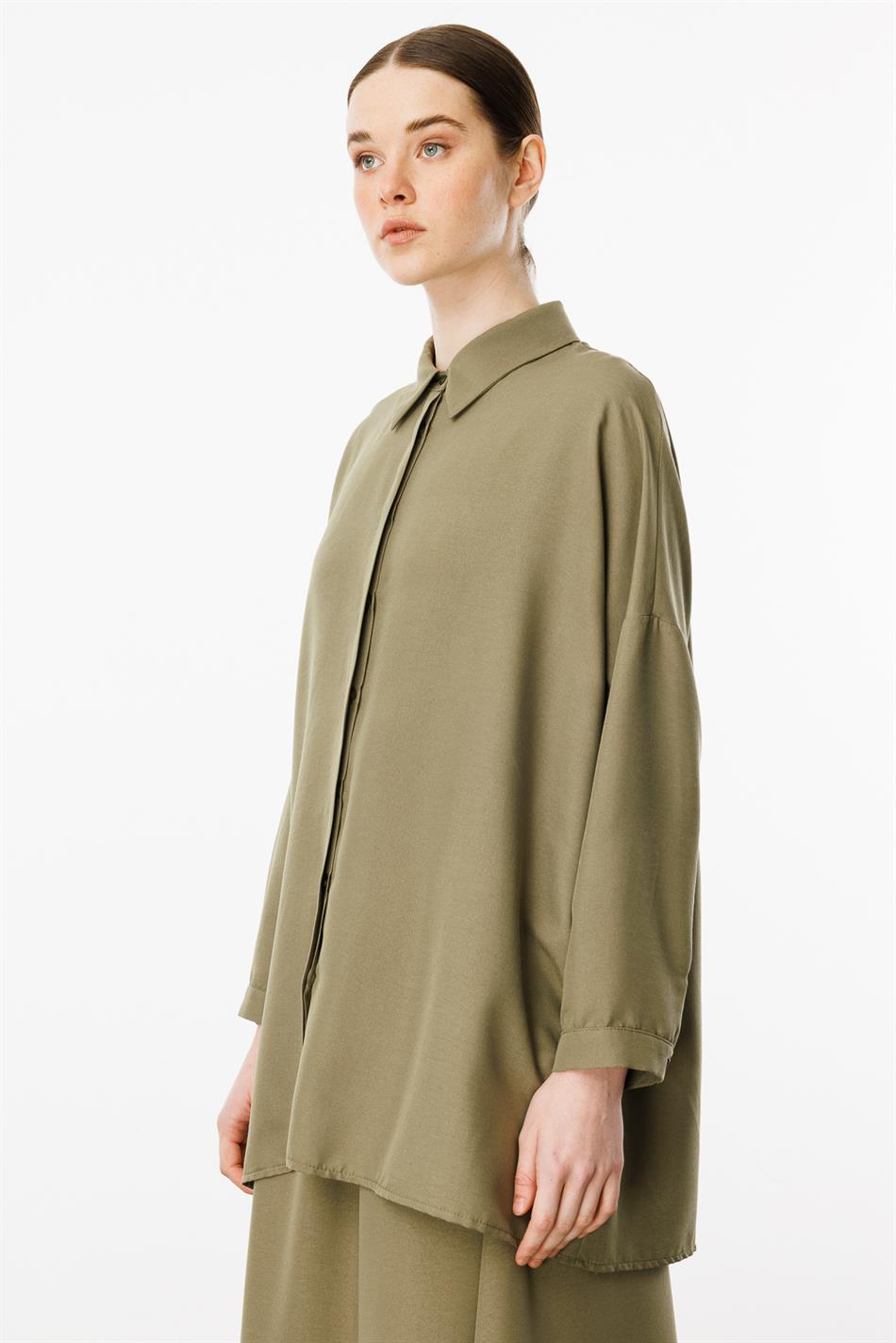 Rahat,Hafif,Sade İpekçe Kumaş Basen Örten Tunik ve Etek Kombin Takım-Haki