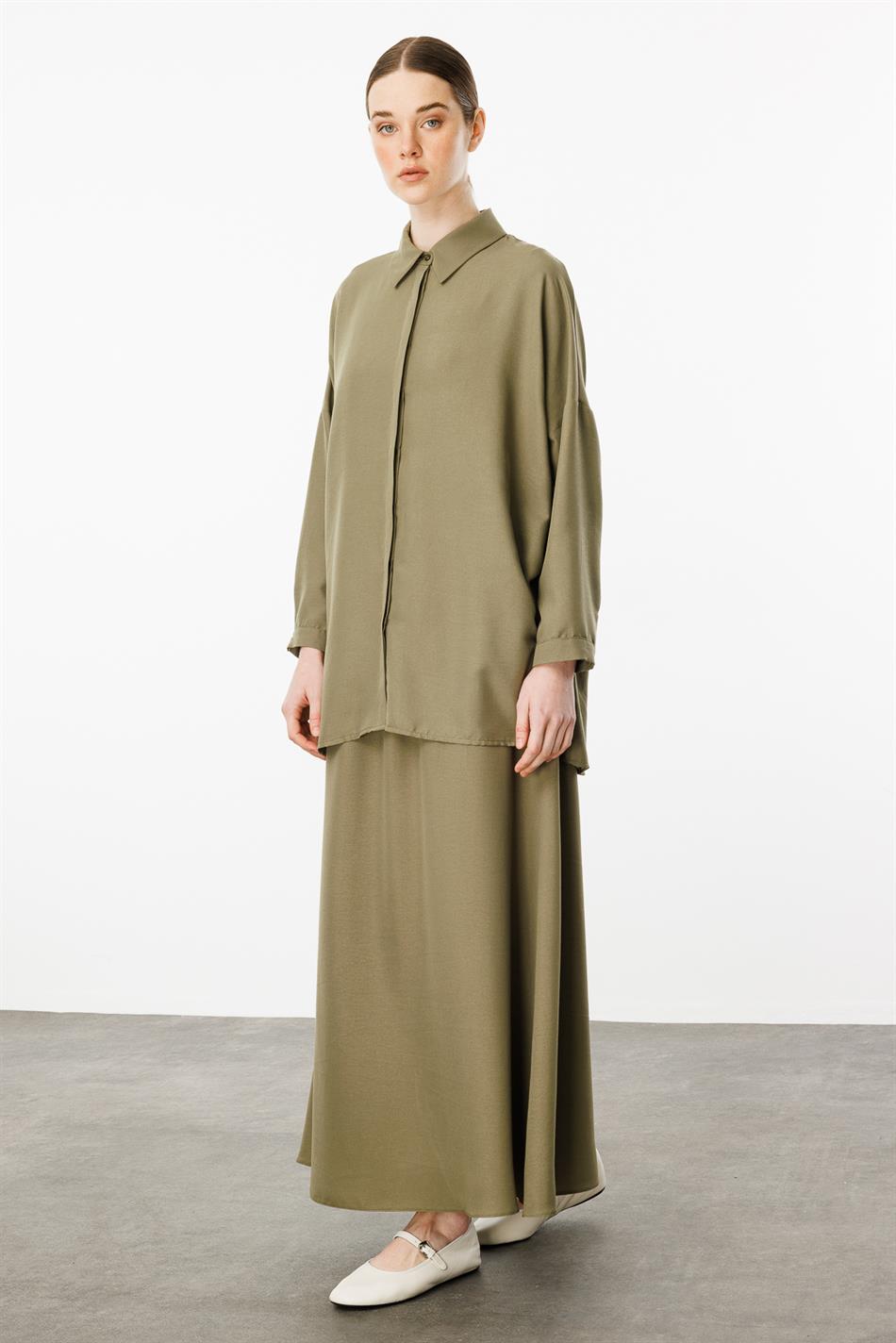 Rahat,Hafif,Sade İpekçe Kumaş Basen Örten Tunik ve Etek Kombin Takım-Haki