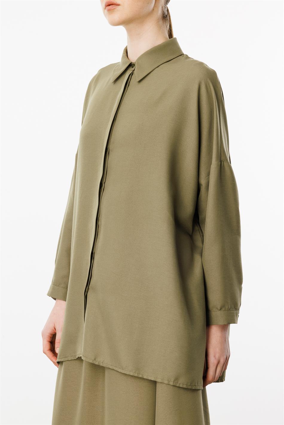 Rahat,Hafif,Sade İpekçe Kumaş Basen Örten Tunik ve Etek Kombin Takım-Haki