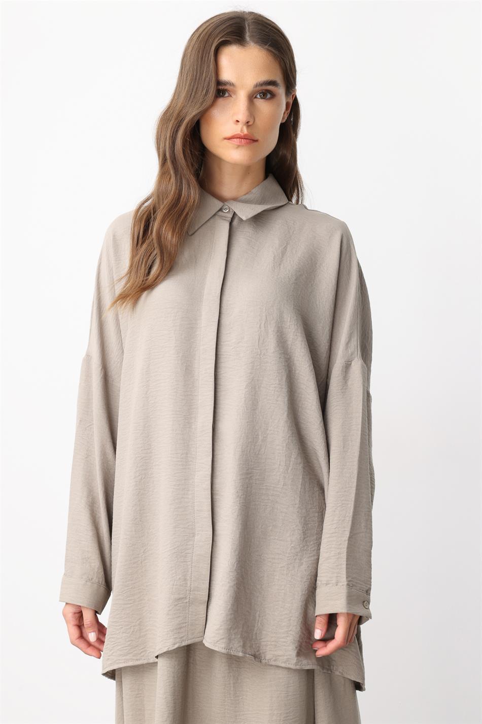 Rahat,Hafif,Sade İpekçe Kumaş Basen Örten Tunik ve Etek Kombin Takım-Taş