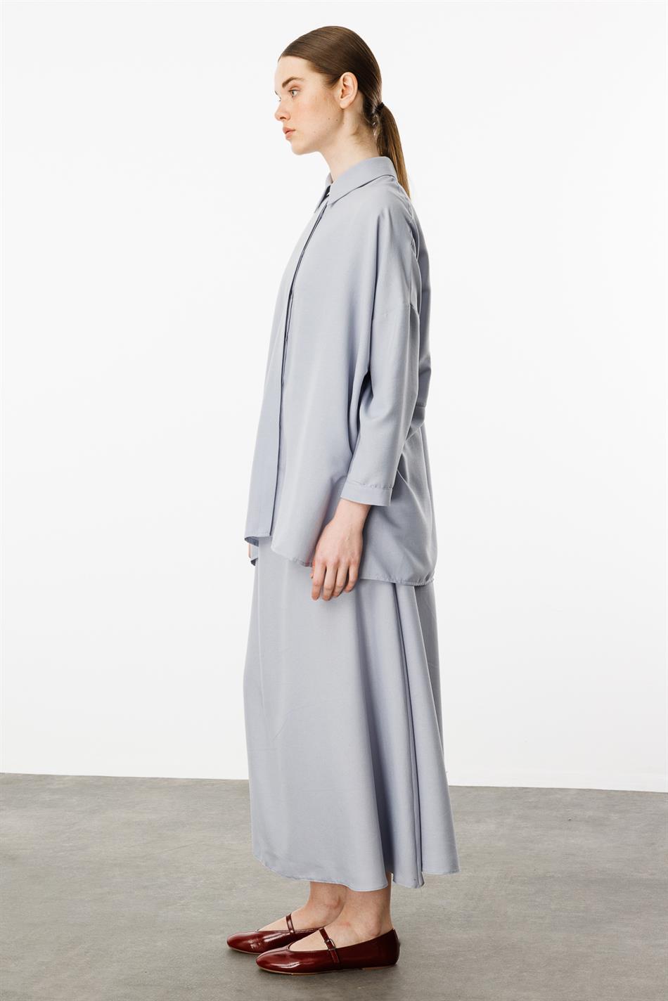 Rahat,Hafif,Sade İpekçe Kumaş Basen Örten Tunik ve Etek Kombin Takım-Gri