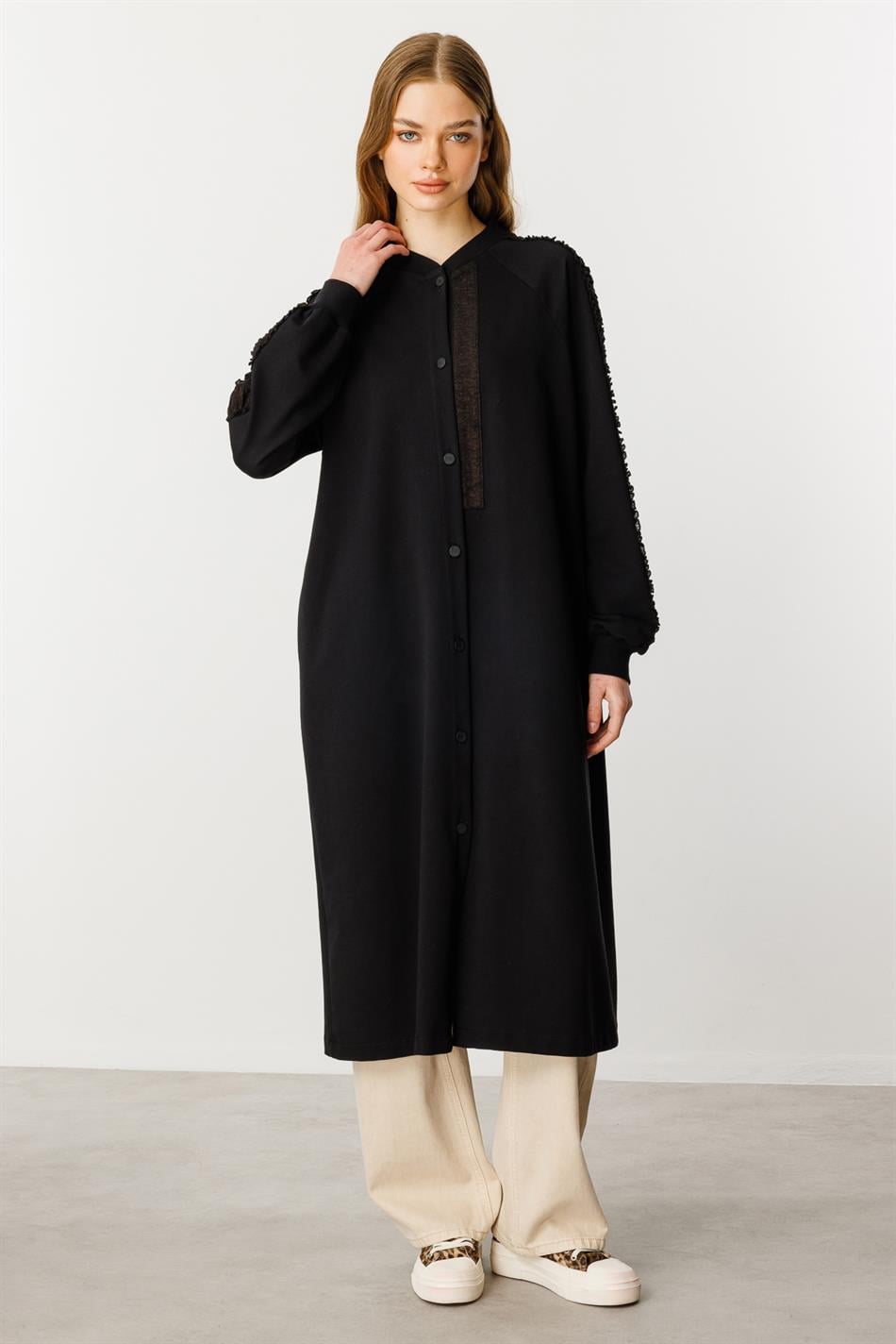 Rame Simli Garni Pamuk Karışımli İnce Örme Kap Ferace-Siyah