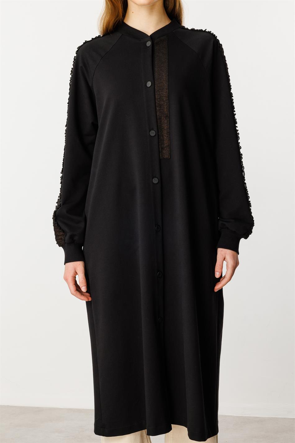 Rame Simli Garni Pamuk Karışımli İnce Örme Kap Ferace-Siyah