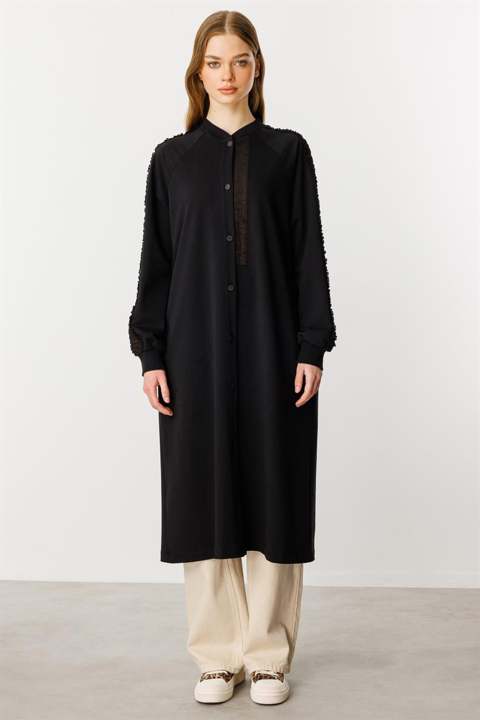 Rame Simli Garni Pamuk Karışımli İnce Örme Kap Ferace-Siyah