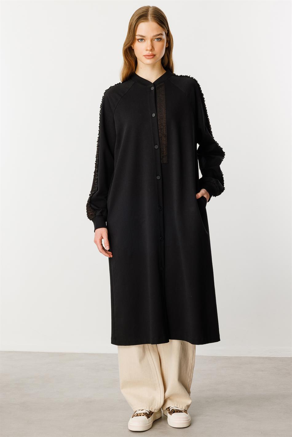 Rame Simli Garni Pamuk Karışımli İnce Örme Kap Ferace-Siyah