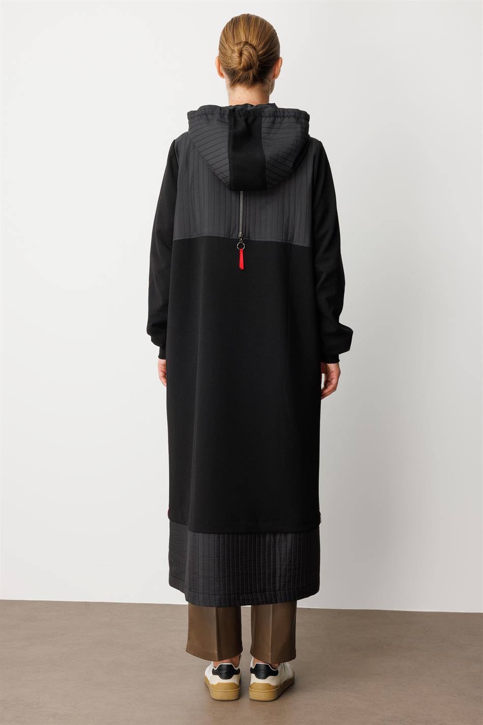 Ray Quilted Pattern Crepe Texture Lined Sport Trench Coat - Black