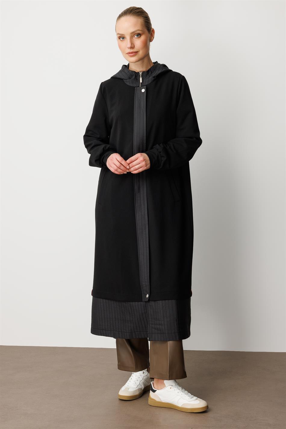 Ray Quilted Pattern Crepe Texture Lined Sport Trench Coat - Black