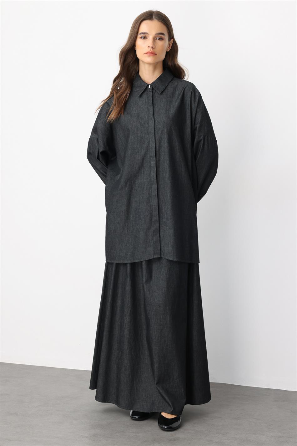 RC Collar met steentjes versierde dunne denim rok en tuniek set van 100% katoen - Zwart