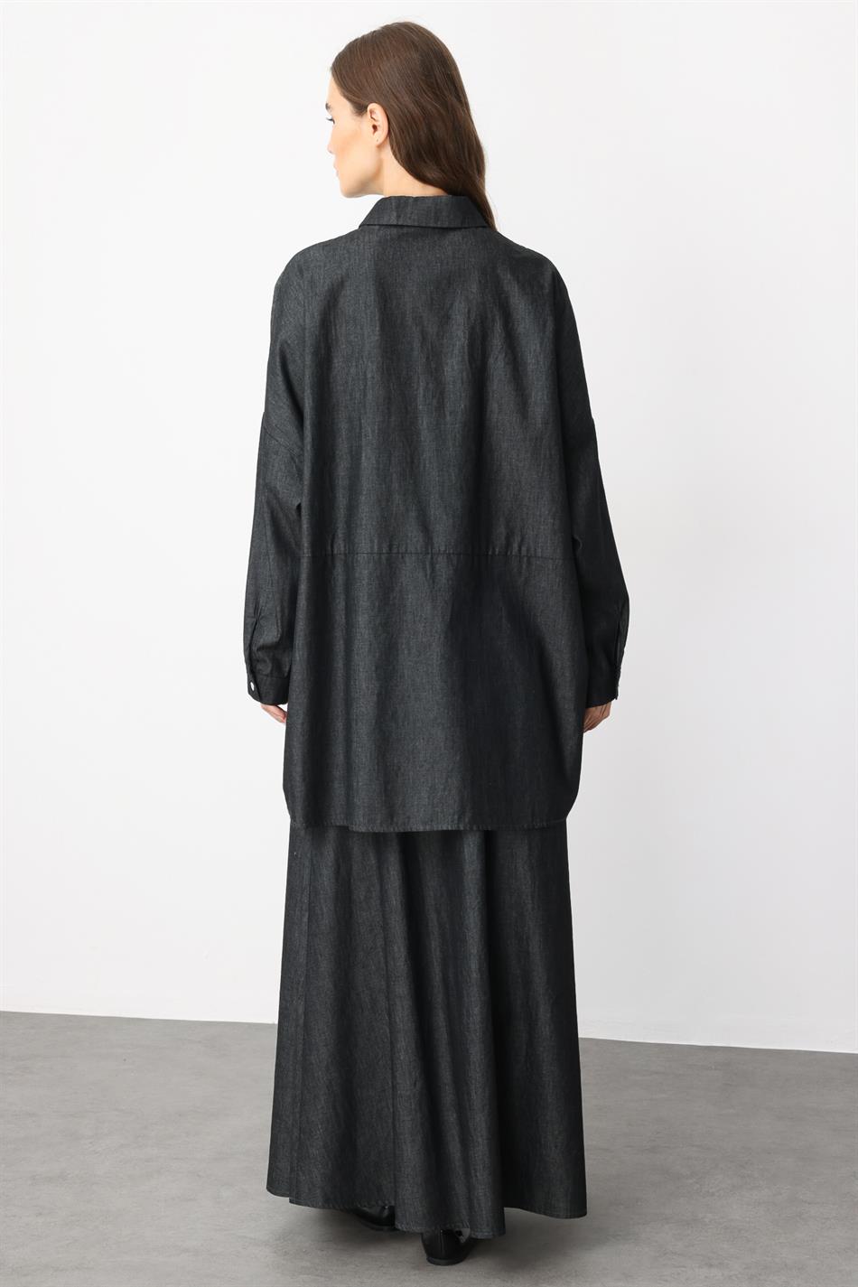 RC Collar met steentjes versierde dunne denim rok en tuniek set van 100% katoen - Zwart